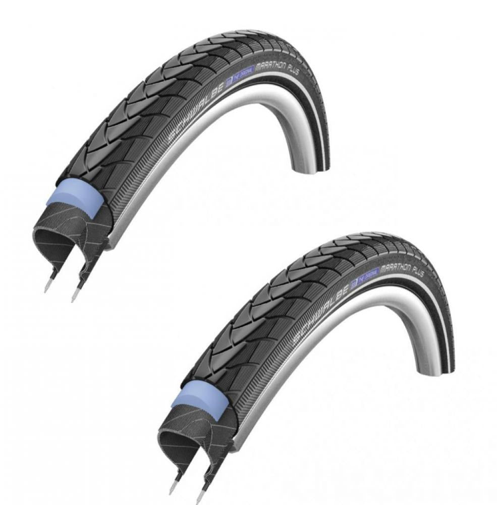 Schwalbe 2x Marathon Plus HS440 Fahrradreifen 28-622 E-25 mit Pannenschutz, einer im Schnitt gezeigt.