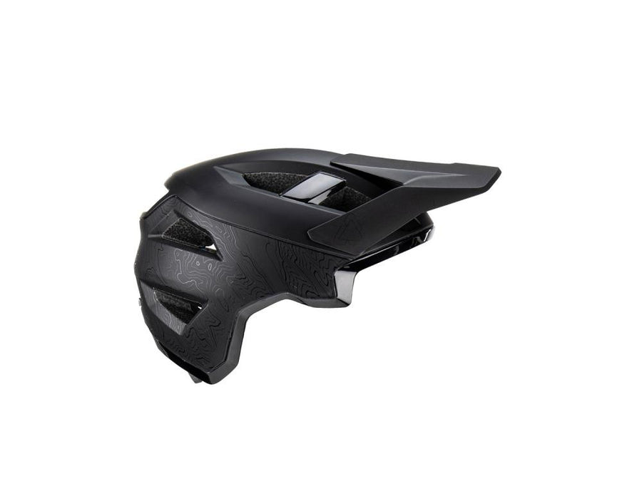 Leatt MTB All Mountain 3.0 Stealth Helm, schwarz mit topographischem Muster und Visier.
