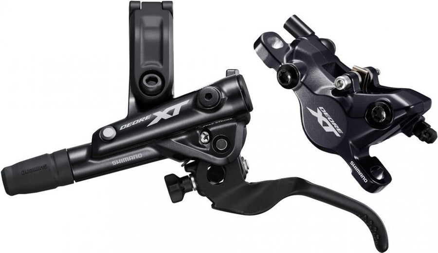 SHIMANO DEORE XT M8100 Vorderrad Scheibenbremse Set, Bremshebel und Bremssattel in Schwarz.