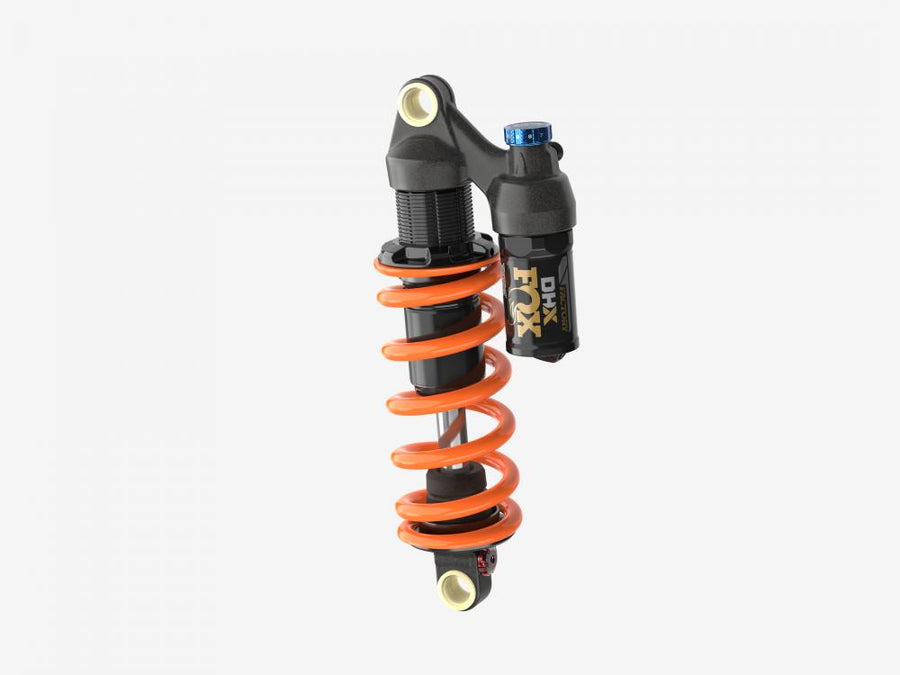 FOX DHX Factory MTB Stahlfederdämpfer 230x65mm mit oranger Feder und schwarzem Dämpferkörper.