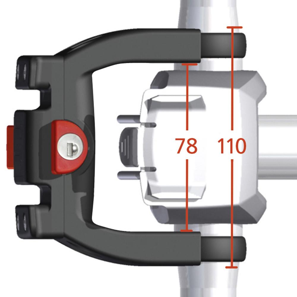 KLICKfix Lenkeradapter E mit Schloss, schwarz-rot, für Fahrradlenker, Maße 78 und 110 mm sichtbar.