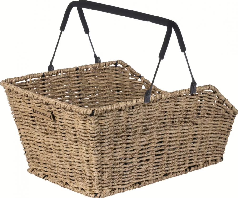 BASIL Hinterradkorb Cento Rattan Look MIK 2.0 - Kunststoff-Rattan wetterfest - 22 Liter Maße 41 × 25 × 12 cm inkl. vormontierter MIK 2.0-Adapterplatte Softgrip-Henkel Standfüße stabiler Rahmen passend für MIK-Systemträger - Adapterplatte