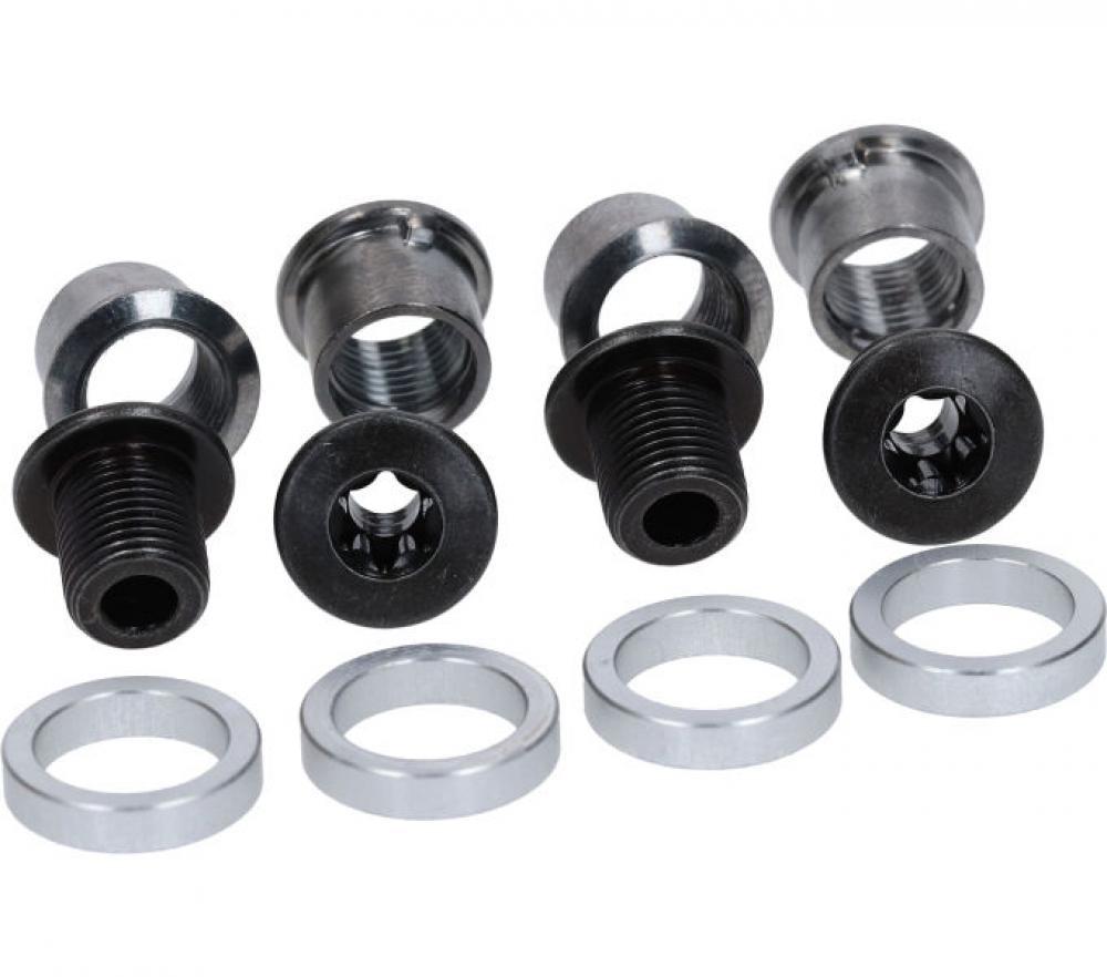 Shimano FC-M8100 Kettenblattschrauben-Set für MTB-Kurbeln mit schwarzen Bolzen, silbernen Hülsen und Distanzringen.