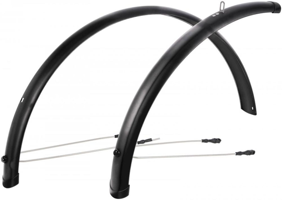 CONTEC Radschutzgarnitur "Splash Protect"nKunststoff, ohne KontaktierungnSB-verpackt, mit Single Clip Befestigung und 3,4mm schwarz gepulverten Stahlstreben, Vorderrad mit Mini Clip XL Sicherheitssystem, 26" - 54mm breit, schwarz glänzend