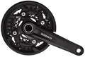 Schwarze Shimano FC-MT500 10-fach Kurbelgarnitur mit 40-30-22 Zähnen.