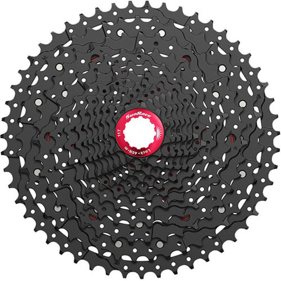 Schwarze SunRace CSRZ800 12-fach Kassette 11-42T mit rotem Lockring für Gravel- und Rennräder.