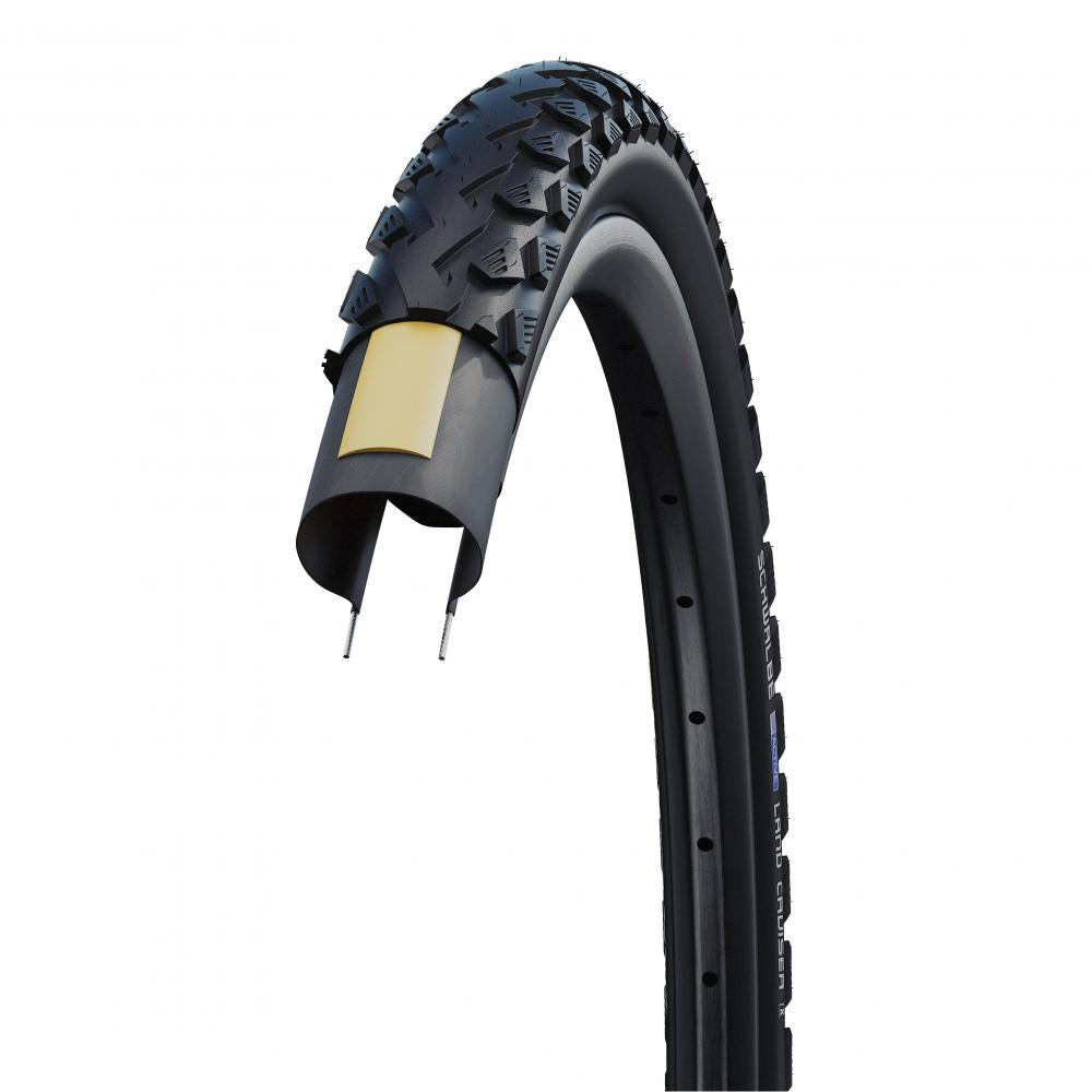 Schwalbe Land Cruiser 28x1.75 Fahrradreifen, Schnittbild zeigt K-Guard Pannenschutz und Active Line Profil.