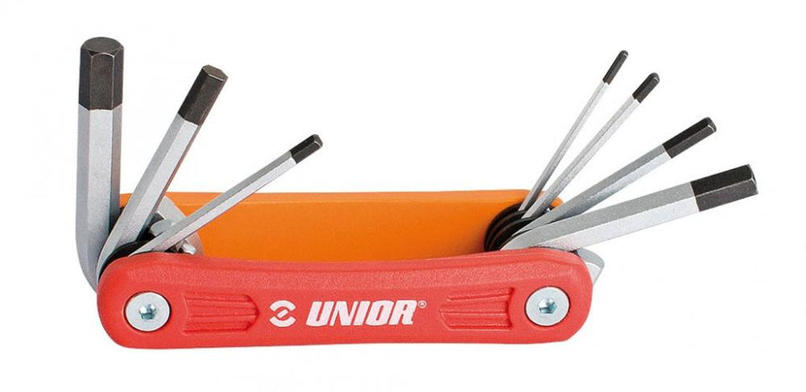 Unior Fahrrad-Multitool Euro7, rot, mit 7 Funktionen und ausgeklappten Inbusschlüsseln.