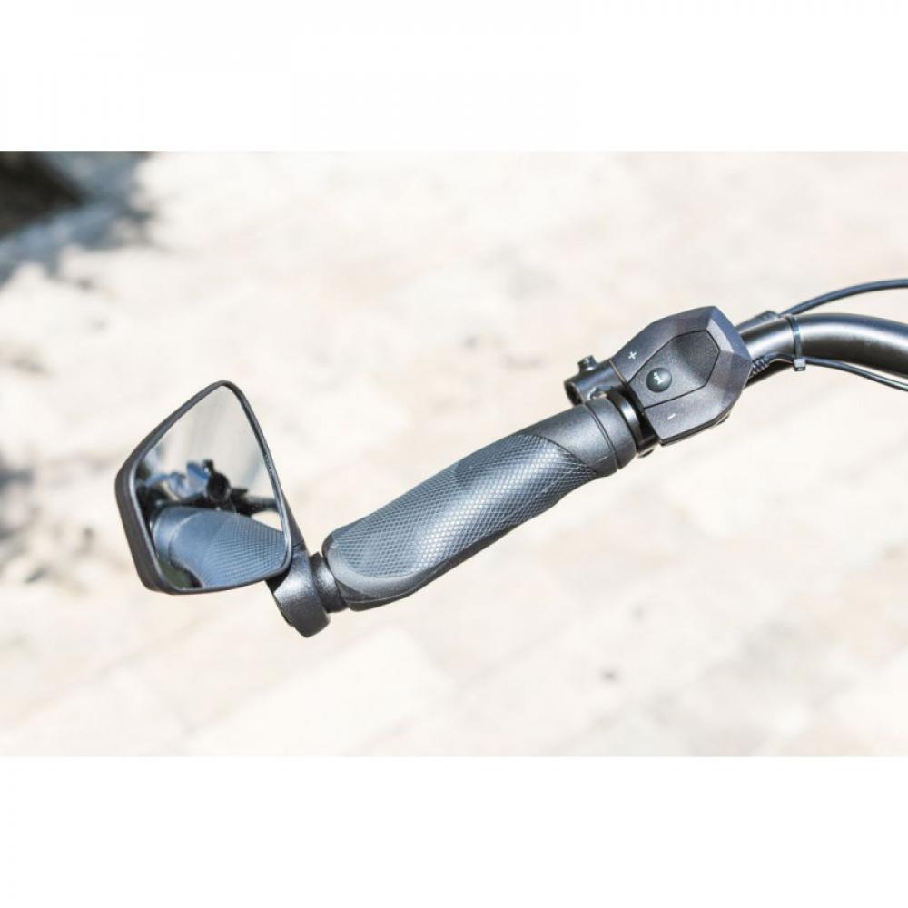 Zéfal Dooback II klappbarer Fahrradspiegel links am E-Bike Lenker montiert mit Griff und Bedienelement.