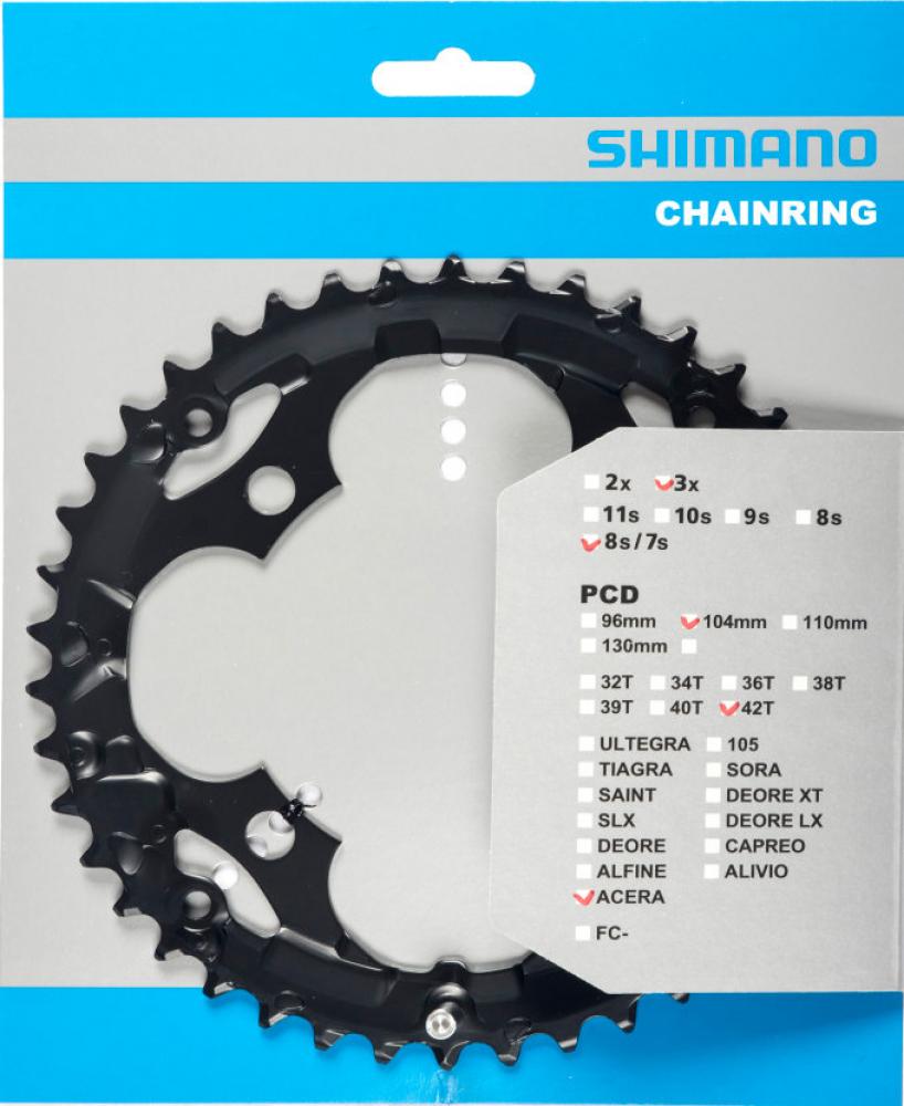 Schwarzes SHIMANO ACERA Kettenblatt FC-M361 mit 42 Zähnen für KSR-Trekkingräder auf Verpackung.