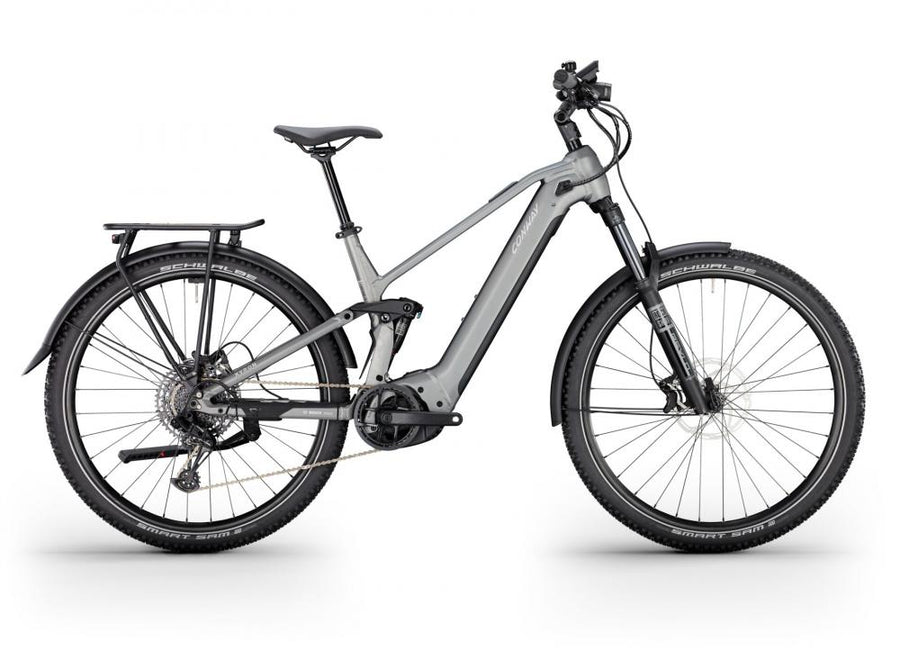 CONWAY Elektro-SUV "Xyron SUV 5.0" (#1), Full Suspension, 29", graphit grey matt, 12-Gang SRAM "SX Eagle", 46 cm / LnnDas Fahrrad besteht aus einem Aluminiumrahmen und ist mit einer Federgabel ausgestattet, die einen Gabelfederweg von 150 mm bietet. Die A