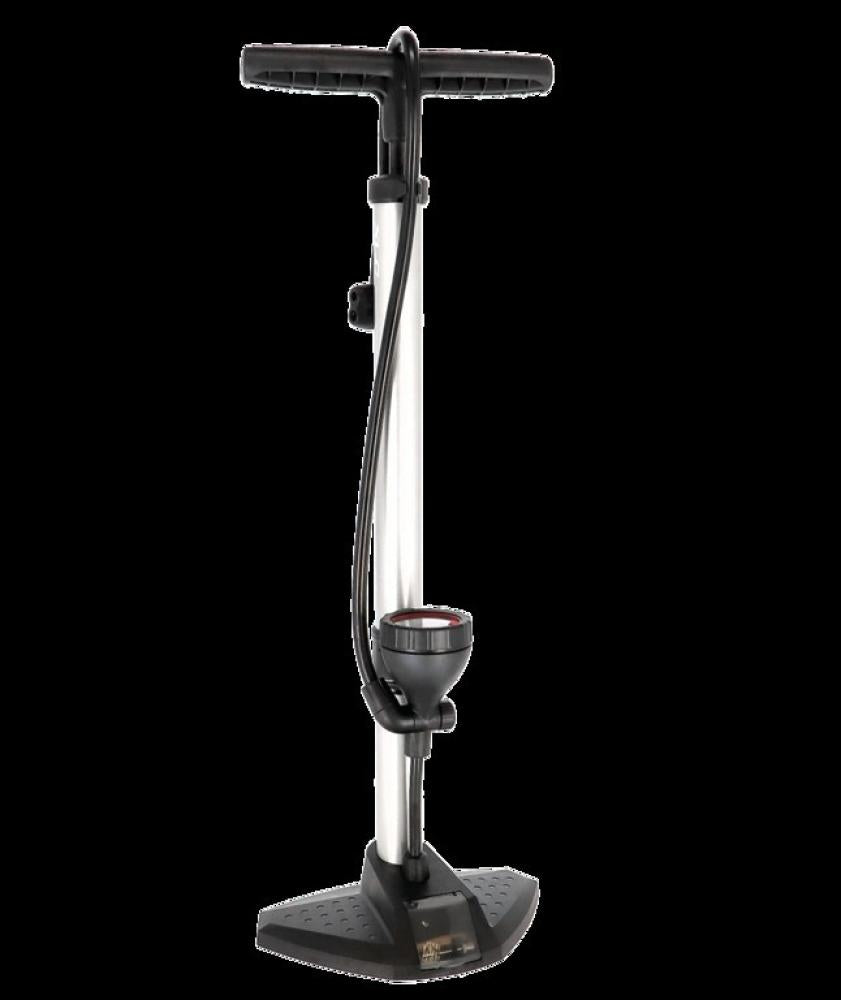 XLC Standpumpe PU-S05, silber-schwarze Aluminium-Fahrradpumpe mit 11 bar und Dualkopf.