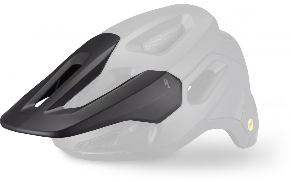 Specialized Tactic 4 leichter MTB-Helm, schwarz-grau, mit schwarzem Visier und Seitenblenden für starken Aufprallschutz.