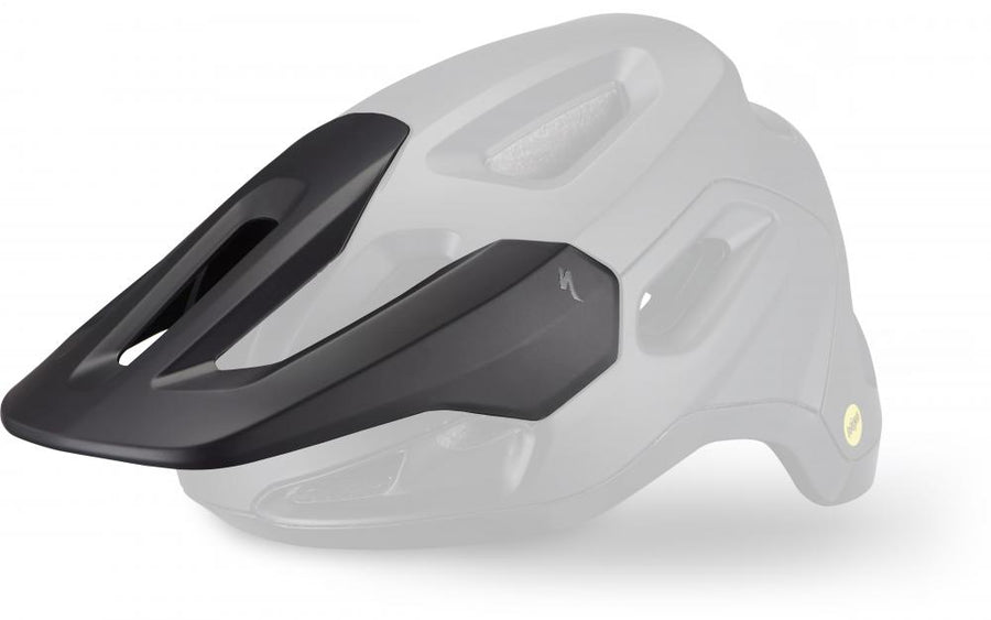 Specialized Tactic 4 leichter MTB-Helm, schwarz-grau, mit schwarzem Visier und Seitenblenden für starken Aufprallschutz.