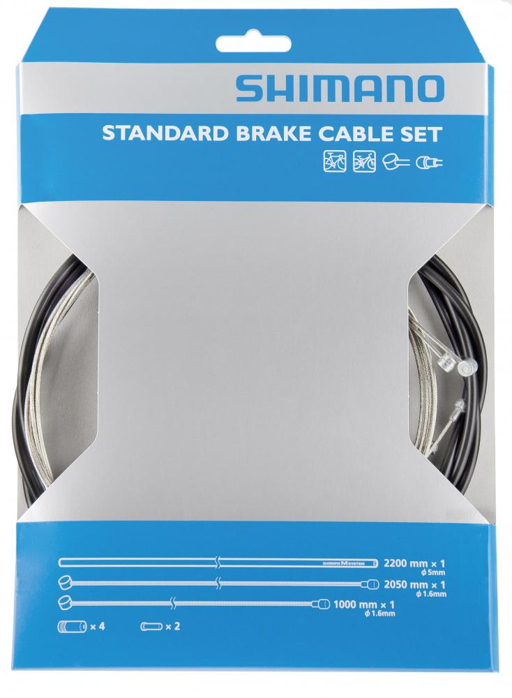 Shimano Bremszug-Set für Rennrad und MTB aus Stahl mit schwarzen Außenhüllen und Kleinteilen.