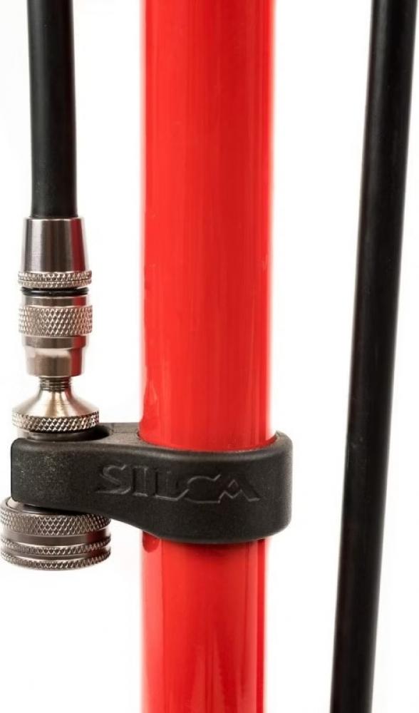 SILCA Pista Standpumpe Rot  Hochdruck-Standpumpe mit Stahlzylinder, Eschenholzgriff, Lederkolbendichtung, bis 15 bar, für Presta/Schrader-Ventile, inkl. Manometer