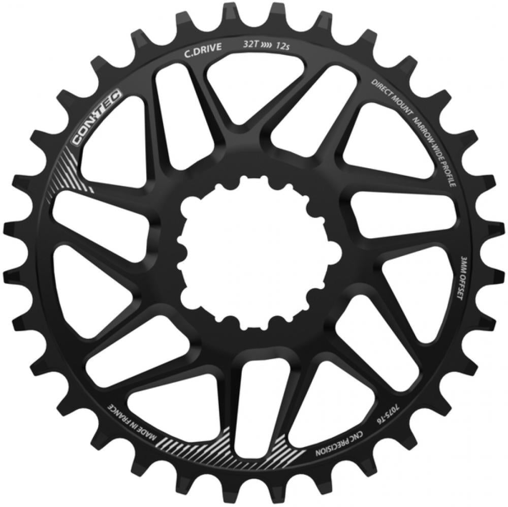 CONTEC Kettenblatt "C.Drive DMS"nDirect Mount, 11-/12-fach, Narrow-Wide-Zahnprofil, 3mm Offset, Aluminium 7075, schwarznSB-verpackt, passend für SRAM Boost (52mm Kettenlinie), 32 Zähne