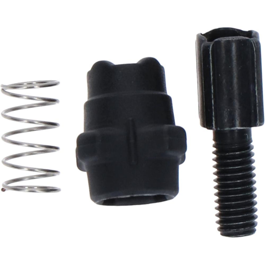 Shimano Alivio Seileinstellschraube für Schaltzug mit schwarzer Einstellschraube, Kappe und silberner Feder.