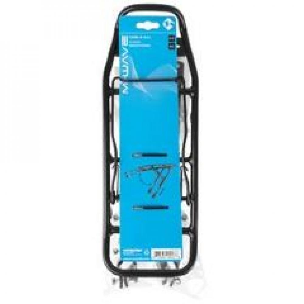 Schwarzer M-WAVE Gepäckträger ONE-4-ALL für 20-29 Zoll Fahrräder in blauer Verkaufsverpackung.