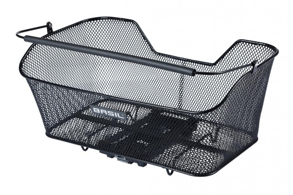 Basil Hinterradkorb Base XL MIK - schwarzer, engmaschiger Stahlkorb, abnehmbar mit MIK-System - 23 × 44 × 17 cm - belastbar bis ca. 10 kg