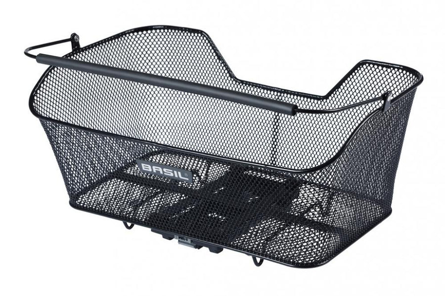 Basil Hinterradkorb Base XL MIK, schwarzer, engmaschiger Stahlkorb, abnehmbar mit MIK-System, bis 10 kg.