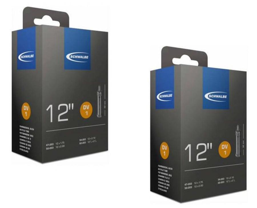 2x Schwalbe Fahrradschlauch DV1 12 Zoll, Dunlopventil 32mm, für Reifengrößen 47-203 bis 62-203, pannensicher.