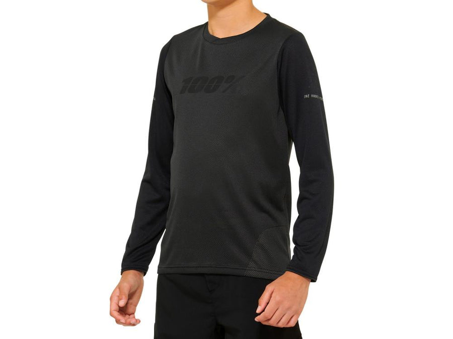 100% Ridecamp Youth Long Sleeve Jersey M Black/Charcoal - atmungsaktives MTB-Trikot