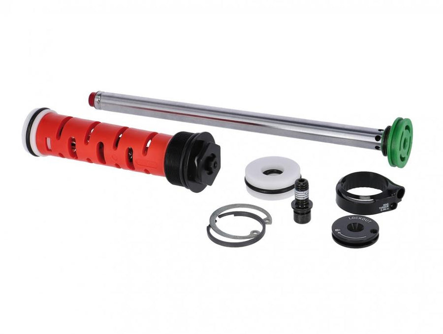Einzelteile eines RockShox Gabeldämpferkits RS 35 RL Crown Moco, darunter Dämpferkartusche und Lockout-Hebel