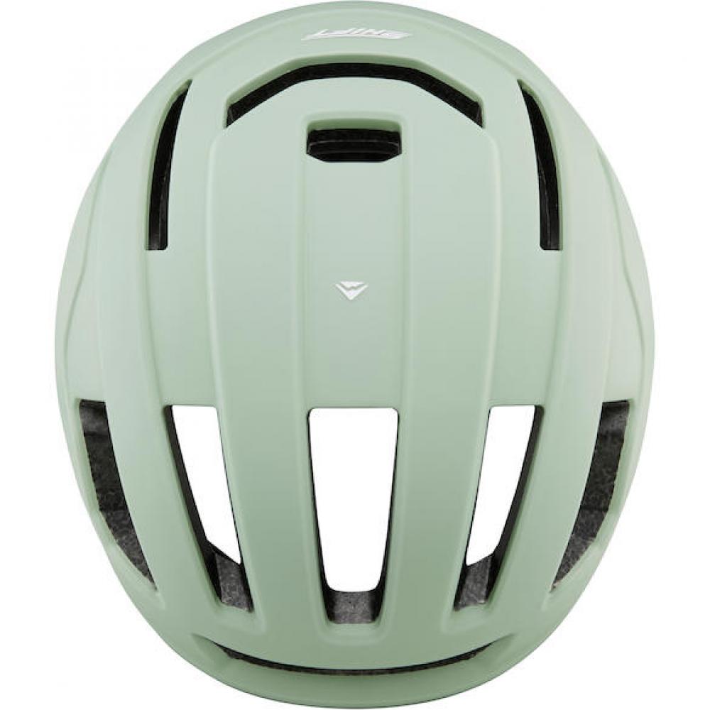 Merida Helm Shift mattgrün, aerodynamischer Rennradhelm von oben mit Belüftung.