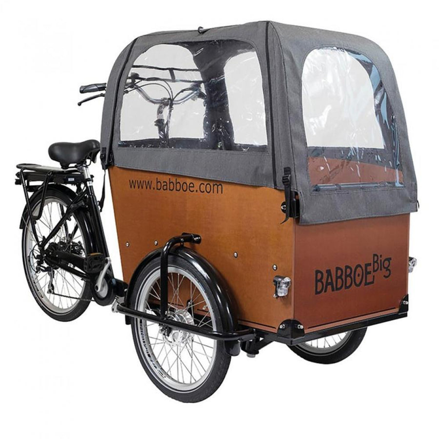 Babboe Big Lastenfahrrad mit grauem Docril Regenverdeck.