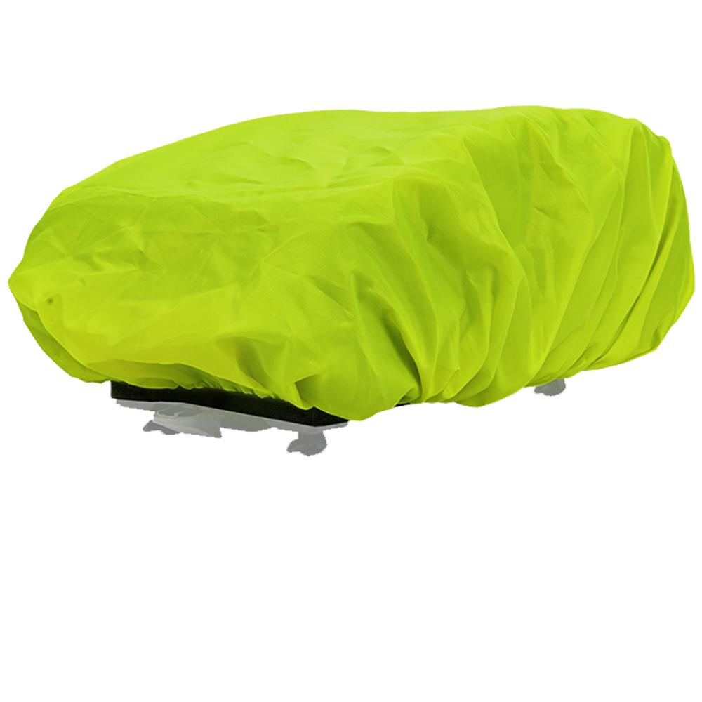 Racktime Regenhülle neongelb für YOSHI Fahrradtasche auf weißem Hintergrund.