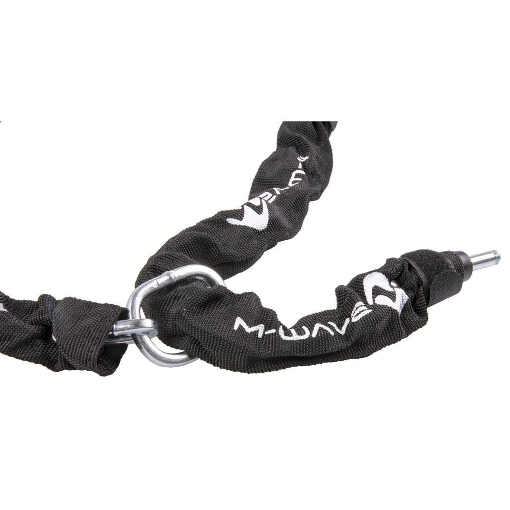 M-WAVE Ringchain Rahmenschloss mit 1500 mm Kette, schwarzer Stoffummantelung und Metallring.