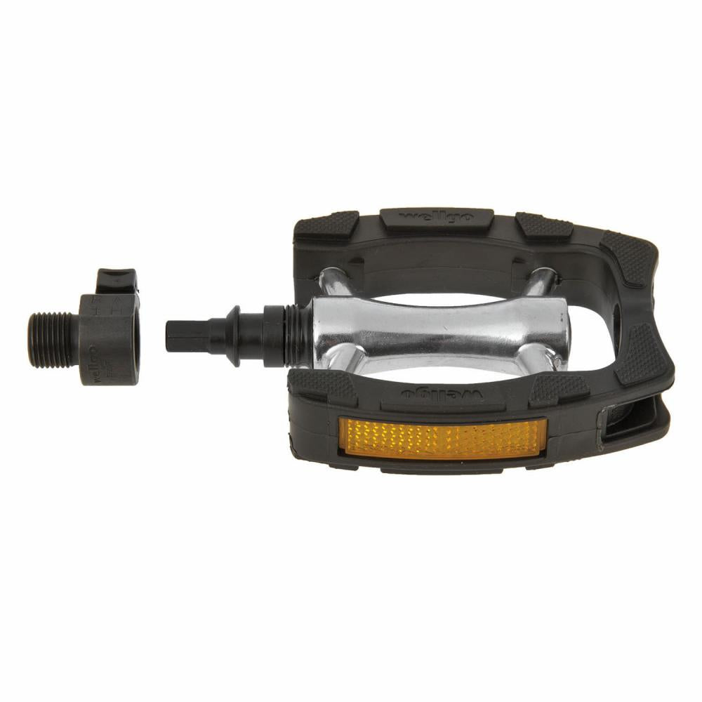 Wellgo Clip-On Anti-Rutschpedal 80 × 93 mm, Aluminium-Körper mit CrMo-Achse, schwarzer Kunststoff-Käfig, StVZO-Reflektoren, sekundenschnell abnehmbar QR-System, 1 Paar