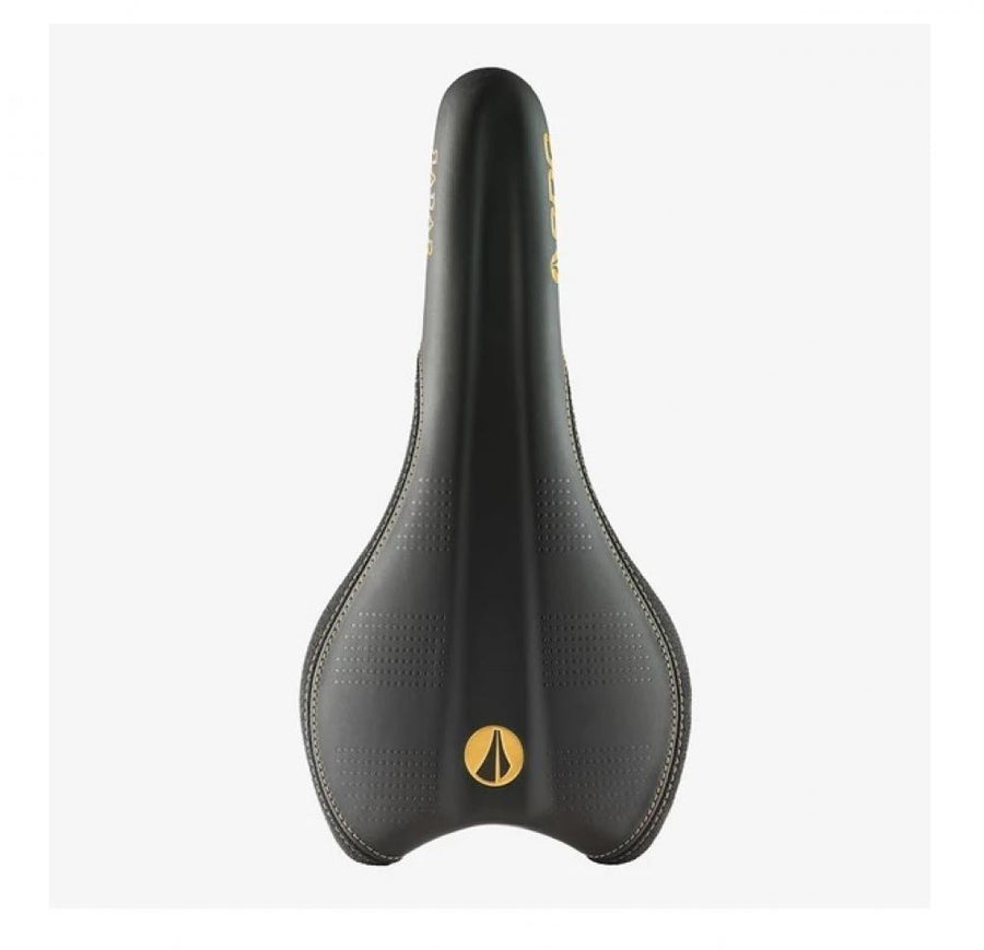 SDG Radar MTN Sattel Lux-Alloy schwarz-gold mit goldenem Logo und Akzenten.