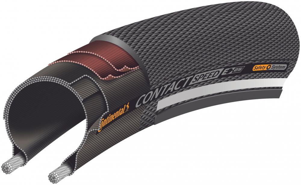 Continental Contact Speed Reflex Fahrradreifen E-25 im Schnittbild, zeigt innere Struktur und Reflexstreifen.