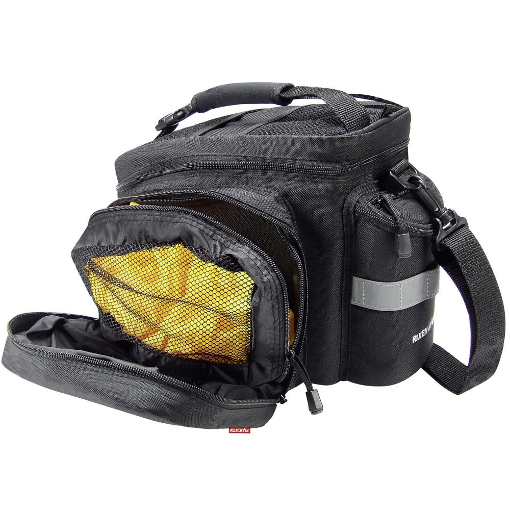 Schwarze Rixen & Kaul Rackpack 2 Plus Fahrradtasche für Racktime (12l) mit offener Vordertasche und Reflektor.