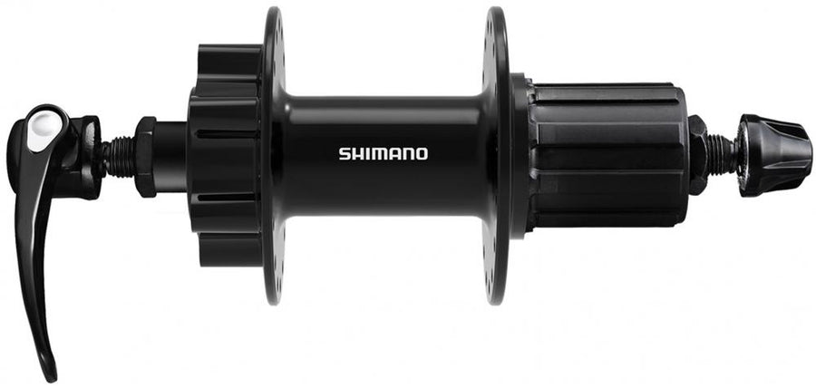 Schwarze Shimano Hinterradnabe FH-QB400-HM, 6-Loch, 32 Loch, 135 mm Einbaubreite mit Schnellspanner.