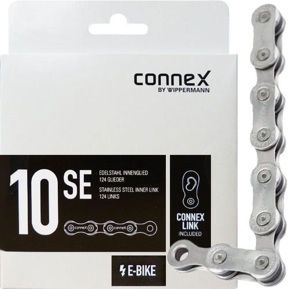 Verpackung der Connex Wippermann 10SE E-Bike Kette, 10-fach, 124 Glieder, mit Edelstahl-Innenglied und Connex-Link.
