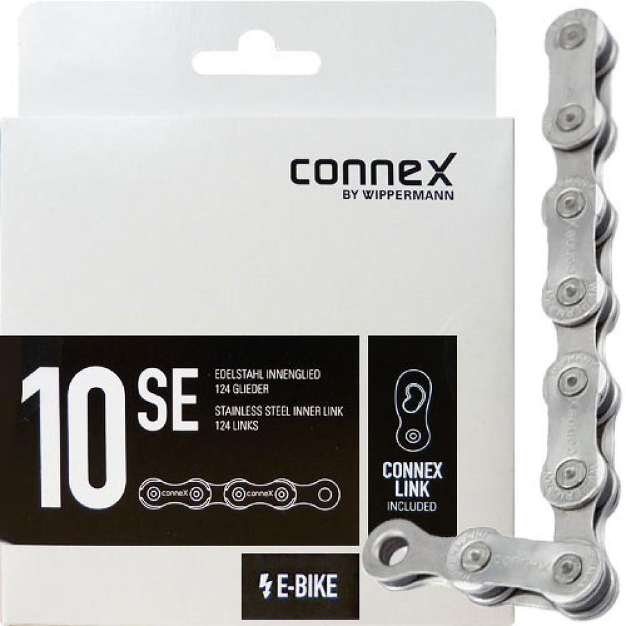 Verpackung der Connex Wippermann 10SE E-Bike Kette, 10-fach, 124 Glieder, mit Edelstahl-Innenglied und Connex-Link.