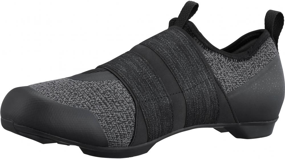 SHIMANO IC5011 Damen Road SPD Fahrradschuhe schwarz, mit Strick-Obermaterial und drei elastischen Riemen.