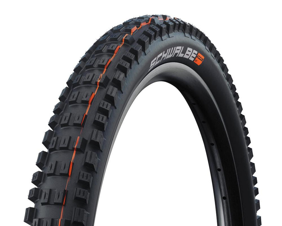 Schwalbe Eddy Current Front E-MTB Reifen 29 Zoll, schwarz mit orange Details, aggressives Profil.