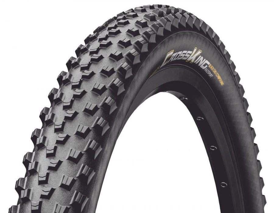 Schwarzer Continental Cross King 2.2 Performance MTB Reifen 27.5 Zoll E-25 mit markantem Profil.
