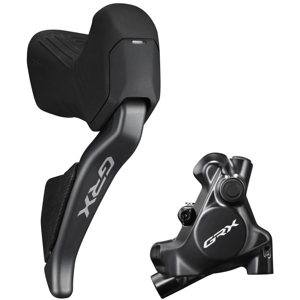 Shimano GRX Di2 Scheibenbremse RX825/RX820 HR, programmierbar, Bremshebel und Bremssattel in Grau.