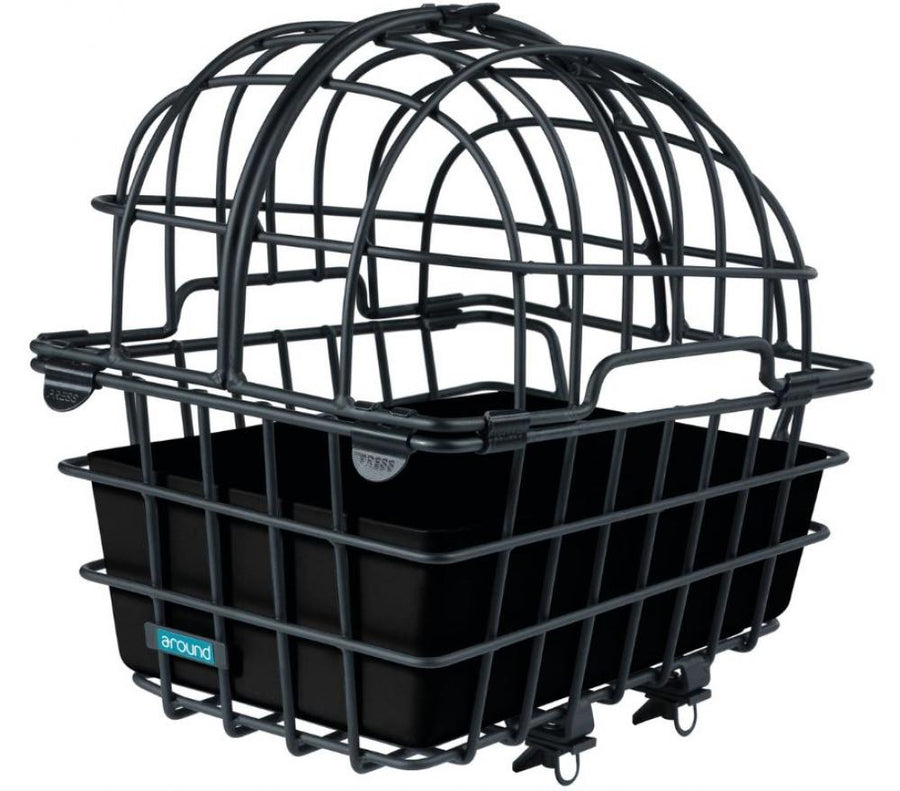 Schwarzer Around Hundekorb Luna aus Aluminium für Fahrrad, mit Gitteraufsatz, stabil & modern, für kleine Hunde.