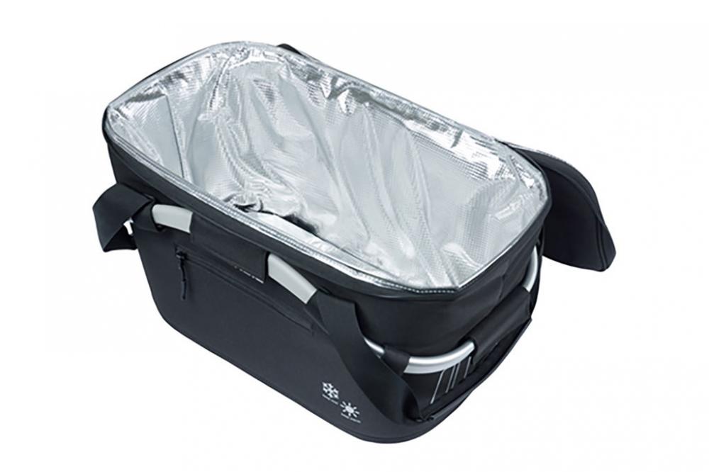 Basil Classic Carry All ISO MIK Hinterradkorb 18L, isolierter schwarzer Fahrradkorb mit silberner Thermofolie.