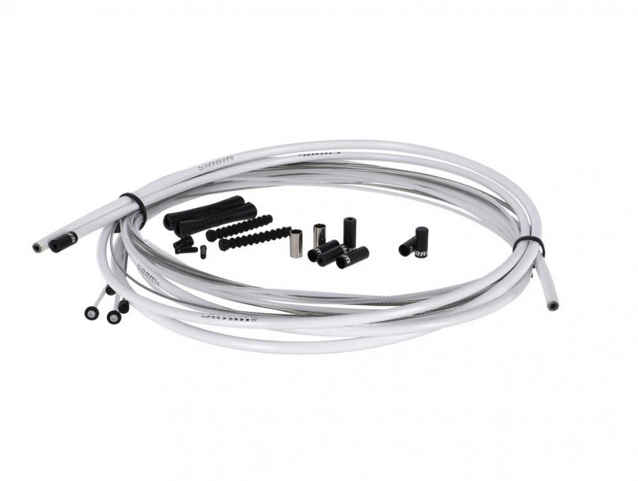 Weißes SRAM SlickWire Pro Schalt-/Bremskabel-Kit mit Zubehör für präzise Performance an Rennrad & MTB.