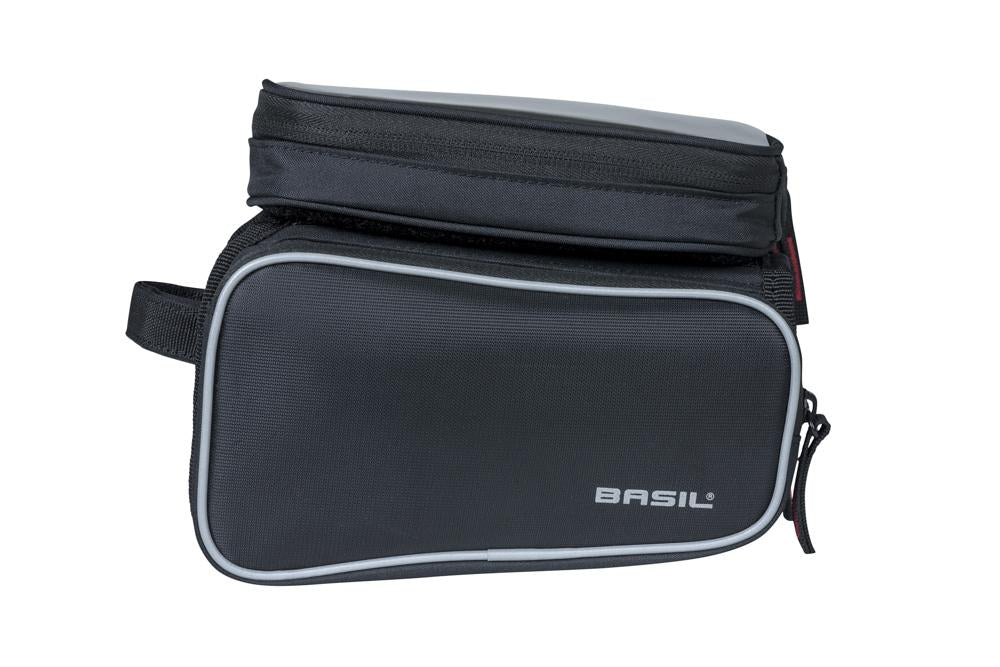 Basil Sport Design Oberrohr-Rahmentasche doppelt - 1,5 Liter, wasserabweisend, Klettbefestigung, Smartphonefach, schwarz