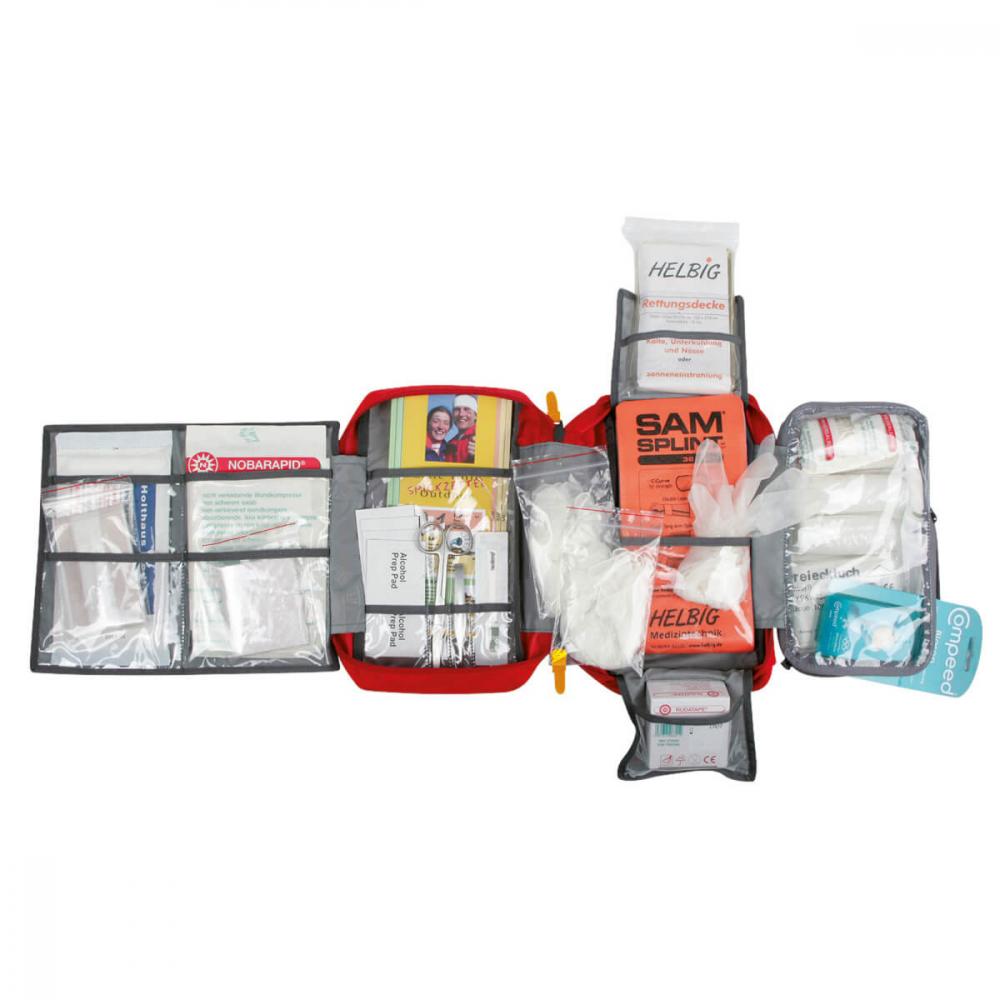 Tatonka First Aid Advanced Erste-Hilfe-Set geöffnet mit organisierter Innenaufteilung und medizinischen Artikeln.