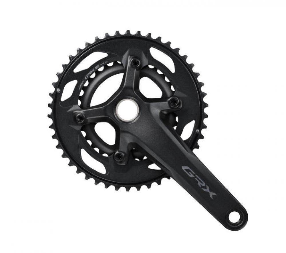 Shimano GRX FC-RX610-2 Kurbelgarnitur 170 mm für Gravel-Bikes, schwarzes 2-fach Kettenblatt-System in der Vorderansicht.