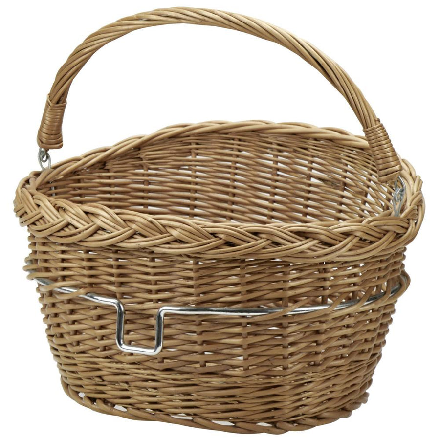 Brauner KLICKfix Weidenkorb mit klappbarem Griff und verchromtem Adapterbügel für Fahrrad-Lenker.